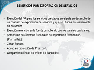 BENEFICIOS POR EXPORTACIÓN DE SERVICIOS

• Exención del IVA para los servicios prestados en el país en desarrollo de
un contrato de exportación de servicios y que se utilicen exclusivamente
en el exterior.
• Exención retención en la fuente cumpliendo con los trámites cambiarios.
• Aprobación de Sistemas Especiales de Importación Exportación.
(Plan vallejo)
• Zonas francas.
• Apoyo en promoción de Proexport.
• Otorgamiento líneas de crédito de Bancoldex.

 