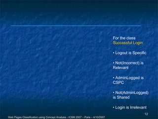 For the class
                                                                                  Successful Login

                                                                                  • Logout is Specific

                                                                                  • Not(Incorrect) is
                                                                                  Relevant

                                                                                  • AdminLogged is
                                                                                  CSPC

                                                                                  • Not(AdminLogged)
                                                                                  is Shared

                                                                                  • Login is Irrelevant
                                                                                                        12
Web Pages Classification using Concept Analysis - ICSM 2007 – Paris – 4/10/2007
 