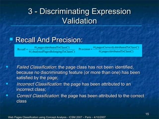 3 - Discriminating Expression
                              Validation

       Recall And Precision:
                         # ( pagesAttributedToClassC )                    # ( pagesCorrectlyAttributedToClassC )
        Re call =                                          Pr ecision =
                    # ( AnalysedPagesBelongingToClassC )                        # ( pagesAttributedToClassC )




       Failed Classification: the page class has not been identified,
        because no discriminating feature (or more than one) has been
        satisfied by the page;
       Incorrect Classification: the page has been attributed to an
        incorrect class;
       Correct Classification: the page has been attributed to the correct
        class

                                                                                                                   15
Web Pages Classification using Concept Analysis - ICSM 2007 – Paris – 4/10/2007
 