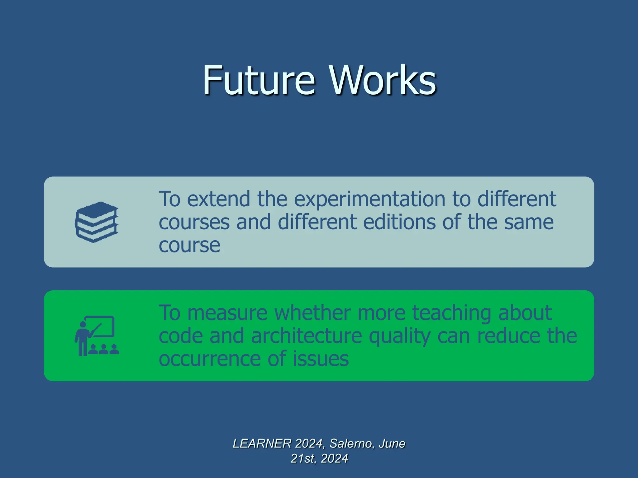 Future Works
LEARNER 2024, Salerno, June
21st, 2024
To extend the experimentation to different
courses and different editions of the same
course
To measure whether more teaching about
code and architecture quality can reduce the
occurrence of issues
 