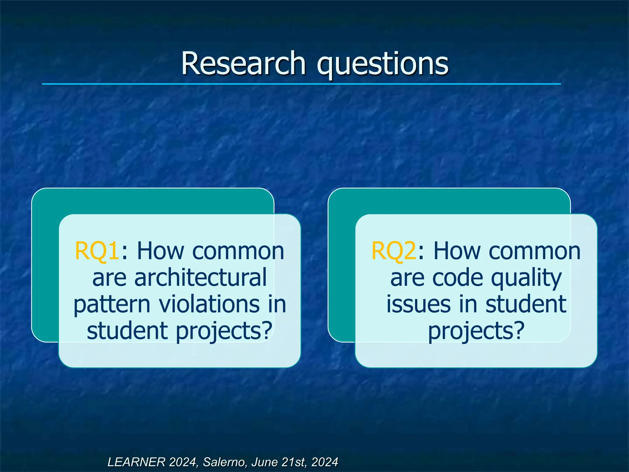 Research questions
RQ1: How common
are architectural
pattern violations in
student projects?
RQ2: How common
are code quality
issues in student
projects?
LEARNER 2024, Salerno, June 21st, 2024
 
