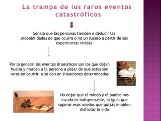 Señala que las personas tienden a deducir las
      probabilidades de que ocurra o no un suceso a partir de sus
                         experiencias vividas




Por lo general los eventos dramáticos son los que dejan
 huella y marcan a la persona a pesar de que estos son
raros en ocurrir o se dan en situaciones determinadas




                           No dejar que el miedo y el pánico nos
                            invada es indispensable, al igual que
                          superar esos miedos que quizás impiden
                                       disfrutar la vida
 