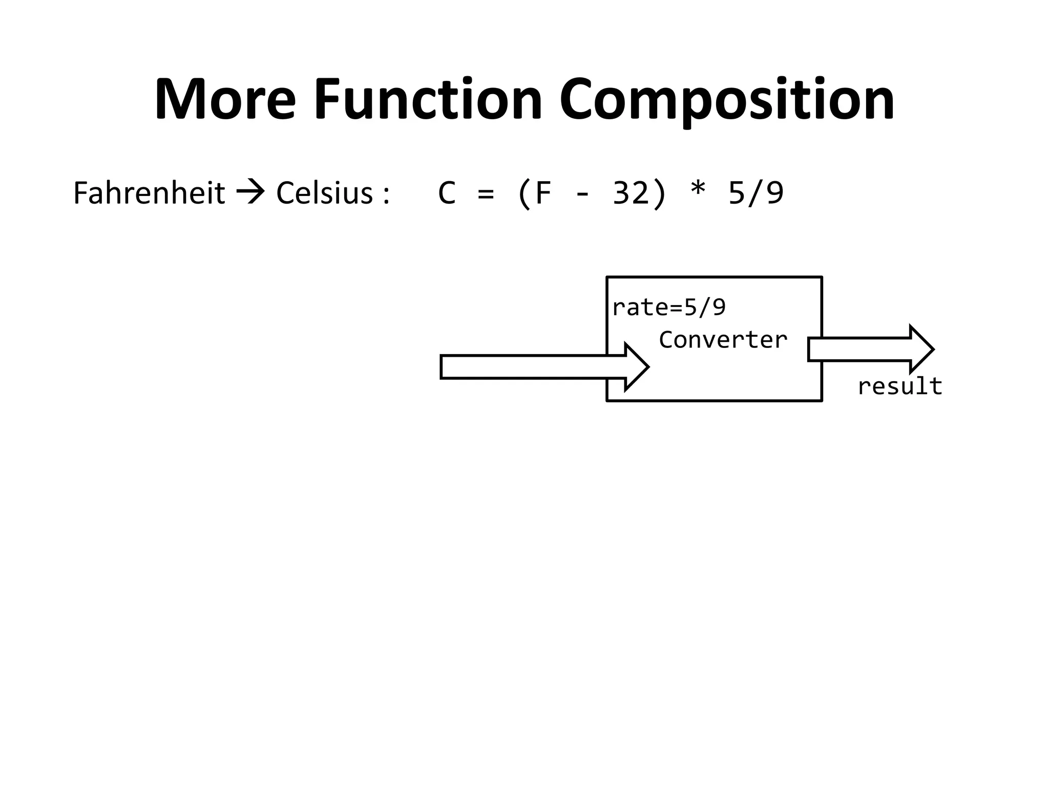More Function Composition 
Fahrenheit  Celsius : C = (F - 32) * 5/9 
Converter 
rate=5/9 
result  