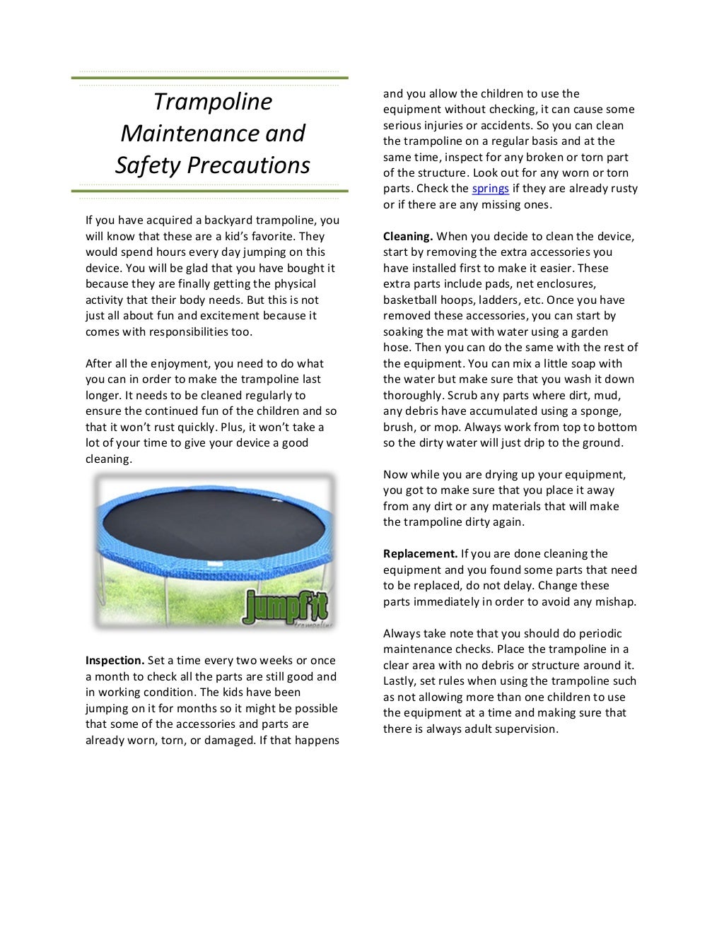 Trampoline Maintenance and Safety Precautions