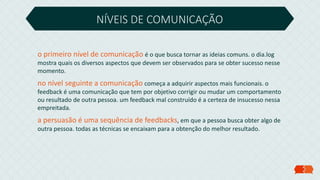 o primeiro nível de comunicação é o que busca tornar as ideias comuns. o dia.log
mostra quais os diversos aspectos que devem ser observados para se obter sucesso nesse
momento.
no nível seguinte a comunicação começa a adquirir aspectos mais funcionais. o
feedback é uma comunicação que tem por objetivo corrigir ou mudar um comportamento
ou resultado de outra pessoa. um feedback mal construído é a certeza de insucesso nessa
empreitada.
a persuasão é uma sequência de feedbacks, em que a pessoa busca obter algo de
outra pessoa. todas as técnicas se encaixam para a obtenção do melhor resultado.
NÍVEIS DE COMUNICAÇÃO
 
