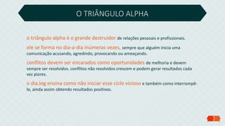 o triângulo alpha é o grande destruidor de relações pessoais e profissionais.
ele se forma no dia-a-dia inúmeras vezes, sempre que alguém inicia uma
comunicação acusando, agredindo, provocando ou ameaçando.
conflitos devem ser encarados como oportunidades de melhoria e devem
sempre ser resolvidos. conflitos não resolvidos crescem e podem gerar resultados cada
vez piores.
o dia.log ensina como não iniciar esse ciclo vicioso e também como interrompê-
lo, ainda assim obtendo resultados positivos.
O TRIÂNGULO ALPHA
 