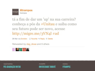 CAMPANHA:              CLIENTE:               CANAL:

PÓS-GRADUAÇÃO UNITAU   UNIVERSIDADE TAUBATÉ   @TRAMPOS
 