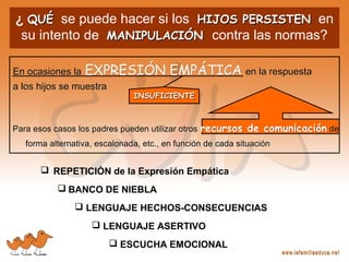 Para esos casos los padres pueden utilizar otros recursos de comunicación de
forma alternativa, escalonada, etc., en función de cada situación
Para esos casos los padres pueden utilizar otros recursos de comunicación de
forma alternativa, escalonada, etc., en función de cada situación
En ocasiones la EXPRESIÓN EMPÁTICA en la respuesta
a los hijos se muestra
En ocasiones la EXPRESIÓN EMPÁTICA en la respuesta
a los hijos se muestra
¿ QUÉQUÉ se puede hacer si los HIJOS PERSISTENHIJOS PERSISTEN en
su intento de MANIPULACIÓNMANIPULACIÓN contra las normas?
INSUFICIENTEINSUFICIENTE
 REPETICIÓN de la Expresión Empática
 BANCO DE NIEBLA
 LENGUAJE HECHOS-CONSECUENCIAS
 LENGUAJE ASERTIVO
 ESCUCHA EMOCIONAL
 