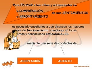 mediante una serie de conductas demediante una serie de conductas de
es necesario enseñarles a que alcancen los mayores
grados de funcionamiento y madurez en todas
las áreas y sensaciones EMOCIONALES
es necesario enseñarles a que alcancen los mayores
grados de funcionamiento y madurez en todas
las áreas y sensaciones EMOCIONALES
de sus SENTIMIENTOS
la COMPRENSIÓN
el AFRONTAMIENTO
Para EDUCAR a los niños y adolescentes en
de sus SENTIMIENTOS
la COMPRENSIÓN
el AFRONTAMIENTO
Para EDUCAR a los niños y adolescentes en
ACEPTACIÓN ALIENTO
 