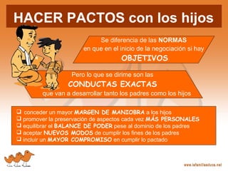 HACER PACTOS con los hijos
Se diferencia de las NORMAS
en que en el inicio de la negociación si hay
OBJETIVOS
Pero lo que se dirime son las
CONDUCTAS EXACTAS
que van a desarrollar tanto los padres como los hijos
 conceder un mayor MARGEN DE MANIOBRA a los hijos
 promover la preservación de aspectos cada vez MÁS PERSONALES
 equilibrar el BALANCE DE PODER pese al dominio de los padres
 aceptar NUEVOS MODOS de cumplir los fines de los padres
 incluir un MAYOR COMPROMISO en cumplir lo pactado
 