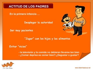 En la primera infancia …
Evitar “vicios”
- la televisión y la comida no debieran llevarse tan bien
- ¿Comer deprisa es comer bien?.¿Degustar o gustar?
Desplegar la autoridad
Ser muy pacientes
“Jugar” con los hijos y los alimentos
ACTITUD DE LOS PADRES
 
