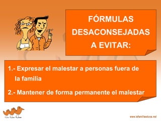 FÓRMULAS
DESACONSEJADAS
A EVITAR:
1.- Expresar el malestar a personas fuera de
la familia
2.- Mantener de forma permanente el malestar
 