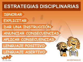 ESTRATEGIAS DISCIPLINARIAS
IGNORAR
EXPLICITAR
DAR UNA INSTRUCCIÓN
ANUNCIAR CONSECUENCIAS
APLICAR CONSECUENCIAS
LENGUAJE POSITIVO
LENGUAJE ASERTIVO
 