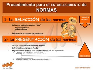 Procedimiento para el ESTABLECIMIENTO de
NORMASNORMAS
1- La SELECCIÓN de las normas
- No hay que pretender regularlo “todo”
• Elegir lo significativo
• Que sea realizable
- Permitir cierto margen de maniobra
- Escoger un momento tranquilo y relajado
- Definir las intenciones de fondo
- Argumentar las normas y las consecuencias del incumplimiento
• LÍMITES: qué debe hacer, cómo, cuando, …
• MÍNIMOS EXIGIBLES, aspectos INTOLERABLES, …
2- La PRESENTACIÓN de las normas
EXIGENCIAS
¿ ACERCA
DE QUÉ?
 
