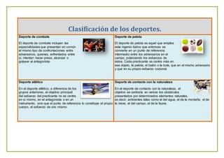 Clasificación de los deportes.
Deporte de combate
El deporte de combate incluyen las
especialidades que presentan en común
el mismo tipo de confrontaciones entre
adversarios, quienes, enfrentados entre
sí, intentan hacer presa, alcanzar o
golpear al antagonista
Deporte de pelota
El deporte de pelota es aquel que emplea
este ingenio lúdico que entonces se
convierte en un punto de referencia
intermedio entre los adversarios en el
campo, polarizando los esfuerzos de
éstos. Cada practicante se centra más en
ese objeto, la pelota, el balón o la bola, que en el mismo adversario
y que en su propio esfuerzo corporal.
Deporte atlético
En el deporte atlético, a diferencia de los
grupos anteriores, el objetivo principal
del esfuerzo del practicante no se centra
en sí mismo, en el antagonista o en un
instrumento, sino que el punto de referencia lo constituye el propio
cuerpo, el esfuerzo de uno mismo.
Deporte de contacto con la naturaleza
En el deporte de contacto con la naturaleza, el
objetivo se centraría en vencer los obstáculos
presentados por determinados elementos naturales,
es decir, ambientes tales como el del agua, el de la montaña, el de
la nieve, el del campo, el de la fauna.
 