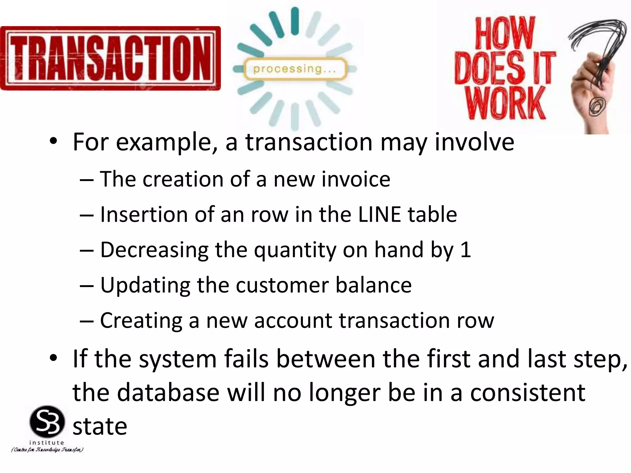 Figure 9.2
• For example, a transaction may involve
– The creation of a new invoice
– Insertion of an row in the LINE table
– Decreasing the quantity on hand by 1
– Updating the customer balance
– Creating a new account transaction row
• If the system fails between the first and last step,
the database will no longer be in a consistent
state
 