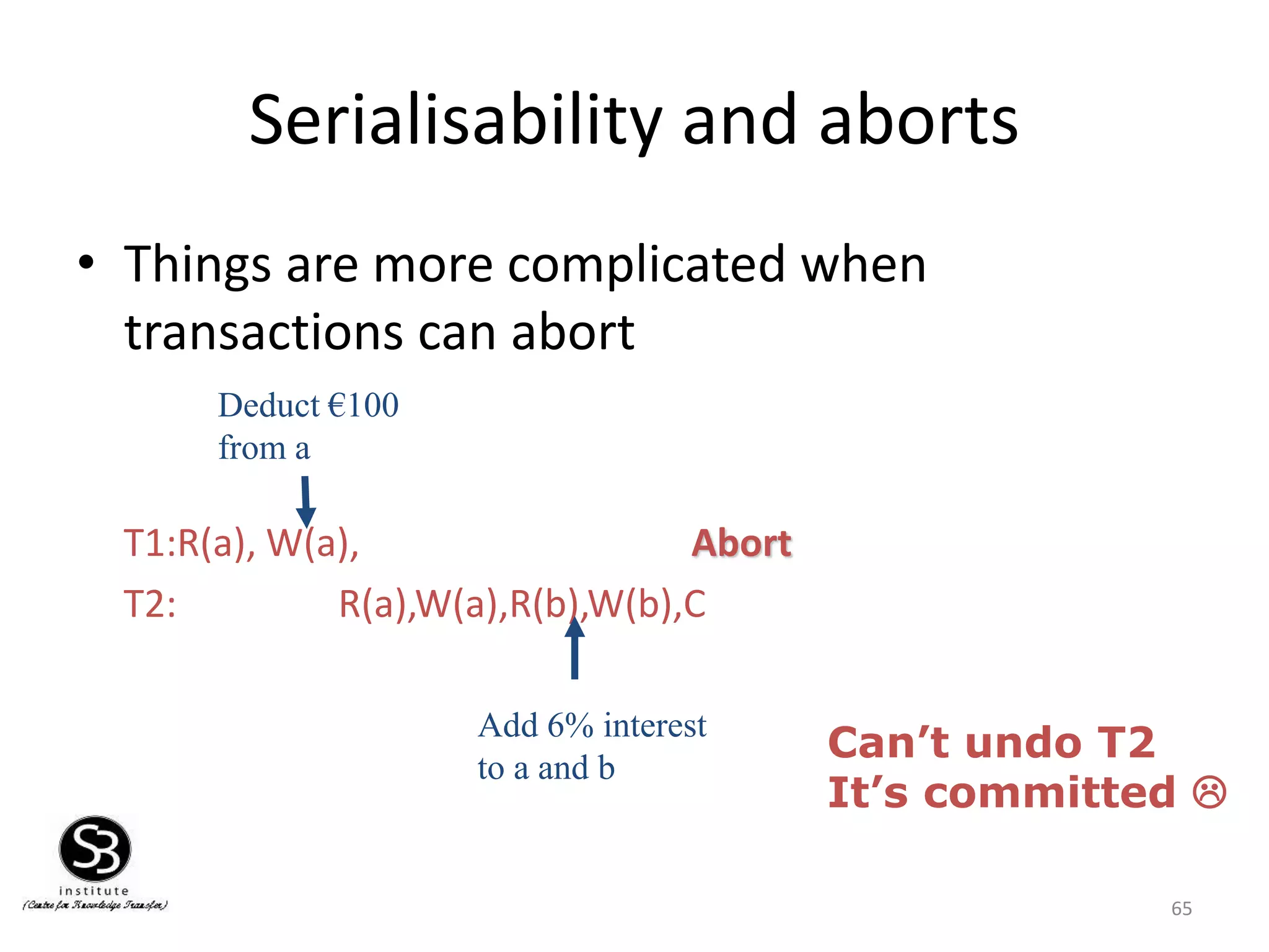 65
Serialisability and aborts
• Things are more complicated when
transactions can abort
T1:R(a), W(a), Abort
T2: R(a),W(a),R(b),W(b),C
Deduct €100
from a
Add 6% interest
to a and b
Can’t undo T2
It’s committed 
 
