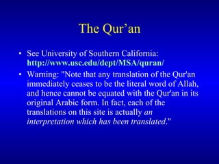 The Qur’an See  University of Southern California :   http://www.usc.edu/dept/MSA/quran/   Warning: "Note that any translation of the Qur'an immediately ceases to be the literal word of Allah, and hence cannot be equated with the Qur'an in its original Arabic form. In fact, each of the translations on this site is actually  an interpretation which has been translated ." 