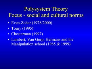 Polysystem Theory Focus - social and cultural norms Even-Zohar (1978/2000) Toury (1995) Chesterman (1997) Lambert, Van Gorp, Hermans and the Manipulation school (1985 & 1999) 
