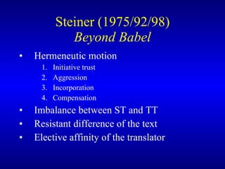 Steiner (1975/92/98) Beyond Babel H ermeneutic motion  Initiative trust  Aggression Incorporation Compensation  I mbalance between ST and TT  R esistant difference  of the text E lective affinity  of the translator 