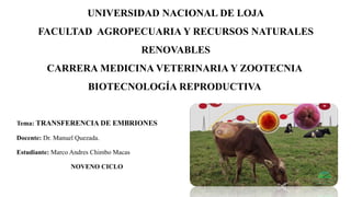 UNIVERSIDAD NACIONAL DE LOJA
FACULTAD AGROPECUARIA Y RECURSOS NATURALES
RENOVABLES
CARRERA MEDICINA VETERINARIA Y ZOOTECNIA
BIOTECNOLOGÍA REPRODUCTIVA
Tema: TRANSFERENCIA DE EMBRIONES
Docente: Dr. Manuel Quezada.
Estudiante: Marco Andres Chimbo Macas
NOVENO CICLO
 