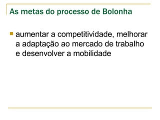 As metas do processo de Bolonha aumentar a competitividade, melhorar a adaptação ao mercado de trabalho e desenvolver a mobilidade 