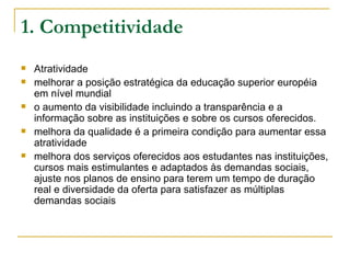 1. Competitividade Atratividade melhorar a posição estratégica da educação superior européia em nível mundial o aumento da visibilidade incluindo a transparência e a informação sobre as instituições e sobre os cursos oferecidos.  melhora da qualidade é a primeira condição para aumentar essa atratividade melhora dos serviços oferecidos aos estudantes nas instituições, cursos mais estimulantes e adaptados às demandas sociais, ajuste nos planos de ensino para terem um tempo de duração real e diversidade da oferta para satisfazer as múltiplas demandas sociais 