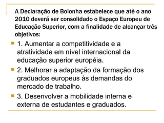 A Declaração de Bolonha estabelece que até o ano 2010 deverá ser consolidado o Espaço Europeu de Educação Superior, com a finalidade de alcançar três objetivos: 1. Aumentar a competitividade e a atratividade em nível internacional da educação superior européia. 2. Melhorar a adaptação da formação dos graduados europeus às demandas do mercado de trabalho. 3. Desenvolver a mobilidade interna e externa de estudantes e graduados. 