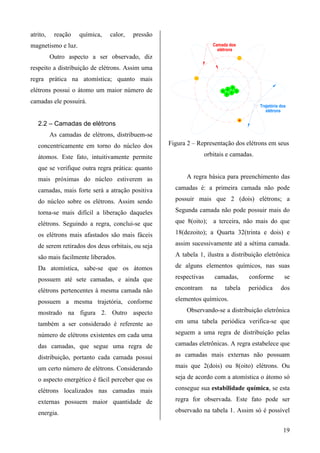 atrito,    reação   química,   calor,   pressão
magnetismo e luz.                                                     Camada dos
                                                                        elétrons
          Outro aspecto a ser observado, diz                                              -
respeito a distribuição de elétrons. Assim uma
regra prática na atomística; quanto mais                     -
                                                                                  +
elétrons possui o átomo um maior número de                                +
                                                                              +
                                                                                  +
                                                                                      +
                                                                              +


camadas ele possuirá.
                                                                                                  Trajetória dos
                                                                                                     elétrons

                                                                                          -
   2.2 – Camadas de elétrons
          As camadas de elétrons, distribuem-se
   concentricamente em torno do núcleo dos         Figura 2 – Representação dos elétrons em seus

   átomos. Este fato, intuitivamente permite                       orbitais e camadas.

   que se verifique outra regra prática: quanto
   mais próximas do núcleo estiverem as                  A regra básica para preenchimento das

   camadas, mais forte será a atração positiva       camadas é: a primeira camada não pode

   do núcleo sobre os elétrons. Assim sendo          possuir mais que 2 (dois) elétrons; a

   torna-se mais difícil a liberação daqueles        Segunda camada não pode possuir mais do

   elétrons. Seguindo a regra, conclui-se que        que 8(oito); a terceira, não mais do que

   os elétrons mais afastados são mais fáceis        18(dezoito); a Quarta 32(trinta e dois) e

   de serem retirados dos deus orbitais, ou seja     assim sucessivamente até a sétima camada.

   são mais facilmente liberados.                    A tabela 1, ilustra a distribuição eletrônica

   Da atomística, sabe-se que os átomos              de alguns elementos químicos, nas suas

   possuem até sete camadas, e ainda que             respectivas       camadas,               conforme         se

   elétrons pertencentes à mesma camada não          encontram       na       tabela          periódica      dos

   possuem a mesma trajetória, conforme              elementos químicos.

   mostrado na figura 2. Outro aspecto                   Observando-se a distribuição eletrônica

   também a ser considerado é referente ao           em uma tabela periódica verifica-se que

   número de elétrons existentes em cada uma         seguem a uma regra de distribuição pelas

   das camadas, que segue uma regra de               camadas eletrônicas. A regra estabelece que

   distribuição, portanto cada camada possui         as camadas mais externas não possuam

   um certo número de elétrons. Considerando         mais que 2(dois) ou 8(oito) elétrons. Ou

   o aspecto energético é fácil perceber que os      seja de acordo com a atomística o átomo só

   elétrons localizados nas camadas mais             consegue sua estabilidade química, se esta

   externas possuem maior quantidade de              regra for observada. Este fato pode ser

   energia.                                          observado na tabela 1. Assim só é possível


                                                                                                              19
 