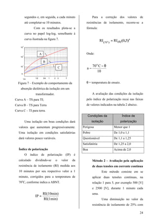 segundos e, em seguida, a cada minuto                            Para    a   correção      dos    valores   de
             até completar-se 10 minutos.                                resistências de isolamento, recorre-se a
                    Com os resultados plota-se a                         fórmula:
             curva no papel log-log, semelhante à
             curva ilustrada na figura 7.
                                                                                     RI ( 70o ) = RI ( θ ) (0,5) a
         3
    10


                            A                                            Onde:
         2
    10

                                B
         1
                                                                            70 o C − θ
                                                                         a−
    10
                                                   C
                                                                                10
     4

         1/4          1/2       3/4   1    2       3      7

  Figura 7 – Exemplo do comportamento da                                 θ = temperatura de ensaio.
    absorção dielétrica da isolação em um
                      transformador.                                          A avaliação das condições da isolação
Curva A – TS para TI;                                                    pelo índice de polarização recai nas faixas
Curva B – TS para Terra                                                  de valores indicados na tabela 2 abaixo.
Curva C – TI para terra.
                                                                          Condições da                    Índice de
             Uma isolação em boas condições dará                              isolação                  polarização
  valores que aumentam progressivamente.                              Perigosa                    Menor que 1
  Uma isolação em condições satisfatórias                             Pobre                       De 1,0 a 1,1
  dará valores pouco variáveis.                                       Questionável                De 1,1 a 1,25
                                                                      Satisfatória                De 1,25 a 2,0
  Índice de polarização                                               Boa                         Acima de 2,0
             O   índice     de        polarização         (IP)    é
  calculado          dividindo-se              o       valor     da           Método 2 – Avaliação pela aplicação
  resistência de isolamento (RI) medida aos                                   de duas tensões em corrente contínua
  10 minutos por seu respectivo valor a 1                                              Este método consiste em se
  minuto, corrigidos para a temperatura de                                    aplicar duas tensões contínuas, na
     o
  70 C, conforme indica a ABNT.                                               relação 1 para 5, por exemplo 500 [V]
                                                                              e 2500 [V], durante 1 minuto cada
                                RI(10min)                                     uma.
                     IP =
                                RI(1min)                                               Uma diminuição no valor da
                                                                              resistência de isolamento de 25% com

                                                                                                                         24
 