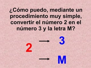 ¿Cómo puedo, mediante un procedimiento muy simple, convertir el número 2 en el número 3 y la letra M? 2 3 M 