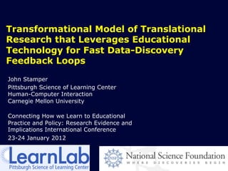 Transformational Model of Translational
Research that Leverages Educational
Technology for Fast Data-Discovery
Feedback Loops
John Stamper
Pittsburgh Science of Learning Center
Human-Computer Interaction
Carnegie Mellon University

Connecting How we Learn to Educational
Practice and Policy: Research Evidence and
Implications International Conference
23-24 January 2012




                                             1
 