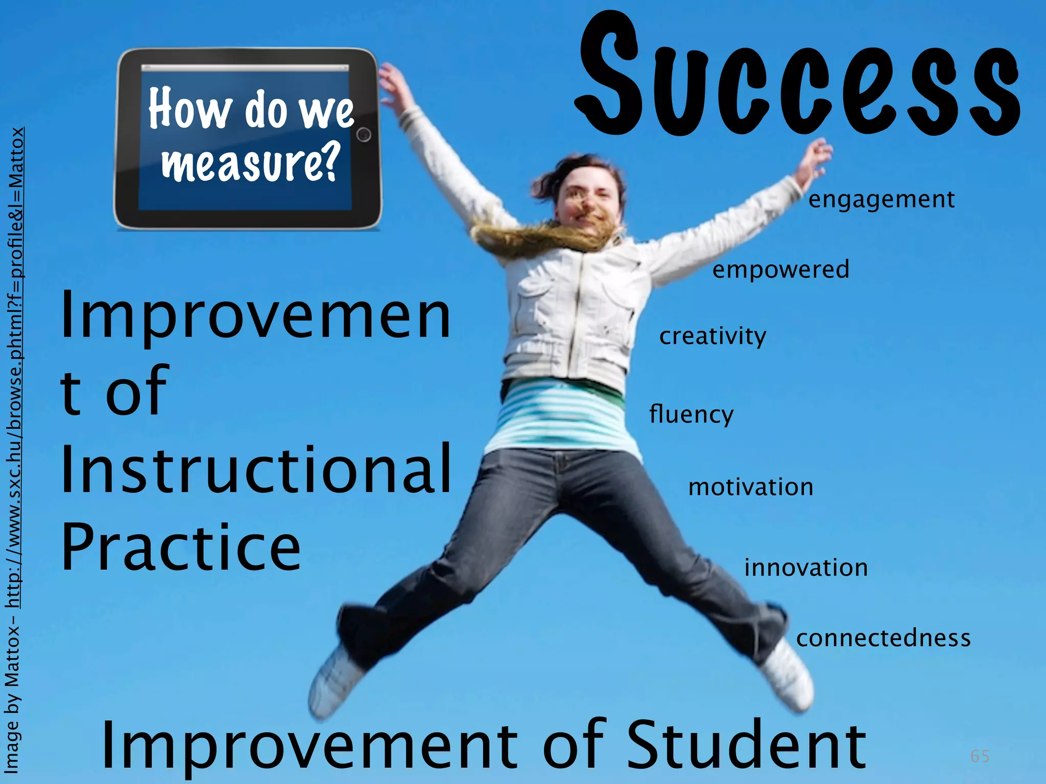How do we     Success
Image by Mattox- http://www.sxc.hu/browse.phtml?f=proﬁle&l=Mattox




                                                                      measure?
                                                                                                   engagement

                                                                                         empowered

                                                                    Improvemen       creativity

                                                                    t of             ﬂuency

                                                                    Instructional      motivation


                                                                    Practice                  innovation

                                                                                                  connectedness



                                                                     Improvement of Student                     65
 