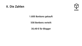 II. Die Zahlen 
1.600 Bonbons gekauft 
508 Bonbons verteilt 
30,48 € für Blogger 
 