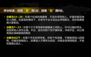 • 分数为14—20：你是个标准的跟随者，不适合领导别人。你喜欢被动地
听人指挥。在紧急的情况下，你多半不会主动出头带领群众，但你很愿意
跟大家配合。
• 分数为7—13：你是个介于领导者和跟随者之间的人。你可以随时带头，
或指挥别人该怎么做。不过，因为你的个性不够积极，冲劲不足，所以常
常是扮演跟随者的角色
• 分数为6以下：你是个天生的领导者。你的个性很强，不愿接受别人的指
挥。你喜欢使唤别人，如果别人不愿听从的话，你就会变得很叛逆，不肯
轻易服从别人 。
评分标准：回答“是”得1分，回答“否”得0分。
 