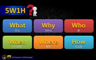 5W1H
What
什么
Why
为什么
Who
谁
When
什么时候
Where
哪里
How
怎么样
YAST Education © 2018 Copyright
 