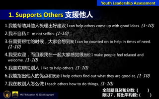 1. Supports Others 支援他人
Youth Leadership Assessment
1.我能帮助其他人梳理出好建议 I can help others come up with good ideas. (1-10)
2.我不自私 I’m not selfish. (1-10)
3.在需要帮忙的时候，大家会想到我 I can be counted on to help in times of need.
(1-10)
4.我受欢迎，而且跟我在一起大家感觉很放松 I make people feel relaxed and
welcome. (1-10)
5.我喜欢帮助别人 I like to help others. (1-10)
6.我能指出他人的优点和优势 I help others find out what they are good at. (1-10)
7.我在教别人怎么做 I teach others how to do things. (1-10)
全部题目总和分数: ( )
除以7，算出平均数: ( )YAST Education © 2018 Copyright
 