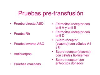 Pruebas pre-transfusión
• Prueba directa ABO
• Prueba Rh
• Prueba inversa ABO
• Anticuerpos
• Pruebas cruzadas
• Eritrocitos receptor con
anti A y anti B
• Eritrocitos receptor con
anti D
• Suero receptor
(plasma) con células A1
y B
• Suero receptor(plasma)
con células tipificantes
• Suero receptor con
eritrocitos donador
 