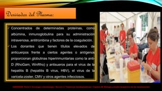 HARRISON> Parte V. Oncología y hematología > Sección 2. Trastornos hematopoyéticos > Capítulo 99. Biología y empleo terapéutico de las transfusiones>
Derivados del Plasma:
 Concentrados de determinadas proteínas, como
albúmina, inmunoglobulina para su administración
intravenosa, antitrombina y factores de la coagulación.
 Los donantes que tienen títulos elevados de
anticuerpos frente a ciertos agentes o antígenos
proporcionan globulinas hiperinmunitarias como la anti-
D (RhoGam, WinRho) y antisueros para el virus de la
hepatitis B (hepatitis B virus, HBV), el virus de la
varicela-zoster, CMV y otros agentes infecciosos.
 