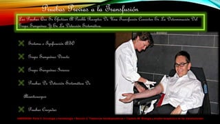 HARRISON> Parte V. Oncología y hematología > Sección 2. Trastornos hematopoyéticos > Capítulo 99. Biología y empleo terapéutico de las transfusiones>
Pruebas Previas a la Transfusión
 Sistema o Tipificación ABO
 Grupo Sanguíneo Directo
 Grupo Sanguíneo Inverso
 Pruebas De Detección Sistemática De
Aloanticuerpos
 Pruebas Cruzadas
Las Pruebas Que Se Efectúan Al Posible Receptor De Una Transfusión Consisten En La Determinación Del
Grupo Sanguíneo Y En La Detección Sistemática.
 