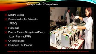 HARRISON> Parte V. Oncología y hematología > Sección 2. Trastornos hematopoyéticos > Capítulo 99. Biología y empleo terapéutico de las transfusiones>
Componentes Sanguíneos
 Sangre Entera
 Concentrados De Eritrocitos
(PRBC)
 Plaquetas
 Plasma Fresco Congelado (Fresh-
frozen Plasma, FFP)
 Crioprecipitado
 Derivados Del Plasma.
 