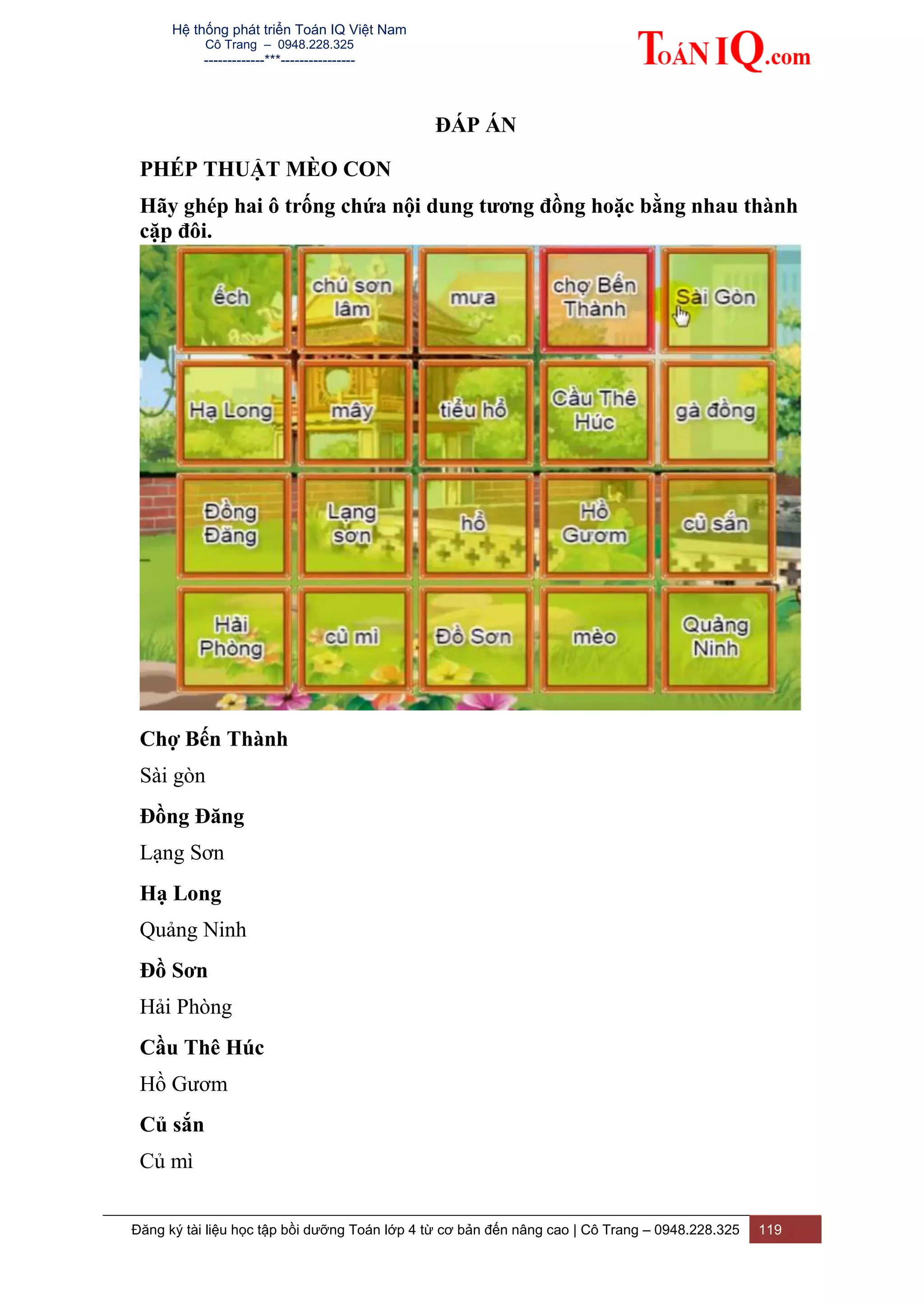 Hệ thống phát triển Toán IQ Việt Nam
Cô Trang – 0948.228.325
-------------***----------------
Đăng ký tài liệu học tập bồi dưỡng Toán lớp 4 từ cơ bản đến nâng cao | Cô Trang – 0948.228.325 119
ĐÁP ÁN
PHÉP THUẬT MÈO CON
Hãy ghép hai ô trống chứa nội dung tương đồng hoặc bằng nhau thành
cặp đôi.
Chợ Bến Thành
Sài gòn
Đồng Đăng
Lạng Sơn
Hạ Long
Quảng Ninh
Đồ Sơn
Hải Phòng
Cầu Thê Húc
Hồ Gươm
Củ sắn
Củ mì
 