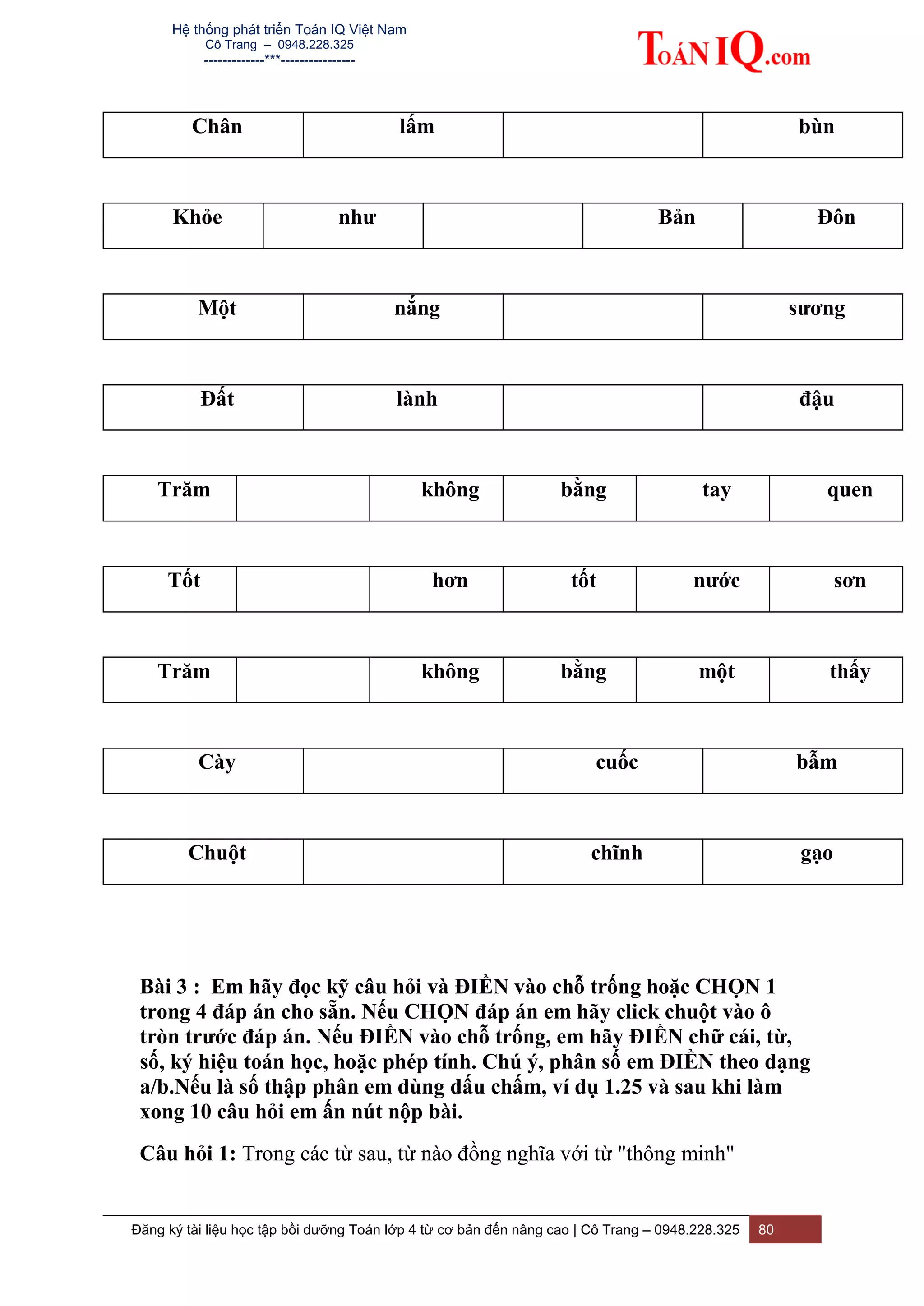 Hệ thống phát triển Toán IQ Việt Nam
Cô Trang – 0948.228.325
-------------***----------------
Đăng ký tài liệu học tập bồi dưỡng Toán lớp 4 từ cơ bản đến nâng cao | Cô Trang – 0948.228.325 80
Chân lấm bùn
Khỏe như Bản Đôn
Một nắng sương
Đất lành đậu
Trăm không bằng tay quen
Tốt hơn tốt nước sơn
Trăm không bằng một thấy
Cày cuốc bẫm
Chuột chĩnh gạo
Bài 3 : Em hãy đọc kỹ câu hỏi và ĐIỀN vào chỗ trống hoặc CHỌN 1
trong 4 đáp án cho sẵn. Nếu CHỌN đáp án em hãy click chuột vào ô
tròn trước đáp án. Nếu ĐIỀN vào chỗ trống, em hãy ĐIỀN chữ cái, từ,
số, ký hiệu toán học, hoặc phép tính. Chú ý, phân số em ĐIỀN theo dạng
a/b.Nếu là số thập phân em dùng dấu chấm, ví dụ 1.25 và sau khi làm
xong 10 câu hỏi em ấn nút nộp bài.
Câu hỏi 1: Trong các từ sau, từ nào đồng nghĩa với từ "thông minh"
 