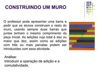 CONSTRUINDO UM MURO
O professor pode apresentar uma barra e
pedir que os alunos construam o resto do
muro, usando sempre duas barras que
juntas tenham o mesmo comprimento da
peça inicial. As adições cujo total é dez ou
maior que dez, assim como as adições
com três ou mais parcelas podem ser
introduzidas com essa atividade.
Análise:
Introduzir a operação de adição e a
comutatividade.
 
