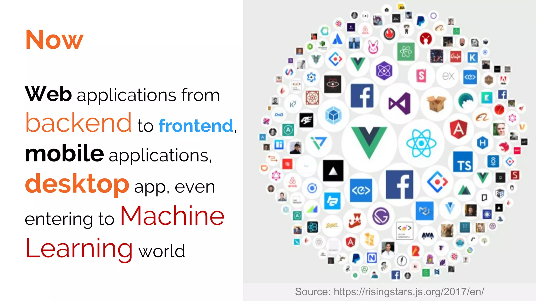Web applications from
backend to frontend,
mobile applications,
desktop app, even
entering to Machine
Learning world
Source: https://risingstars.js.org/2017/en/
Now
 