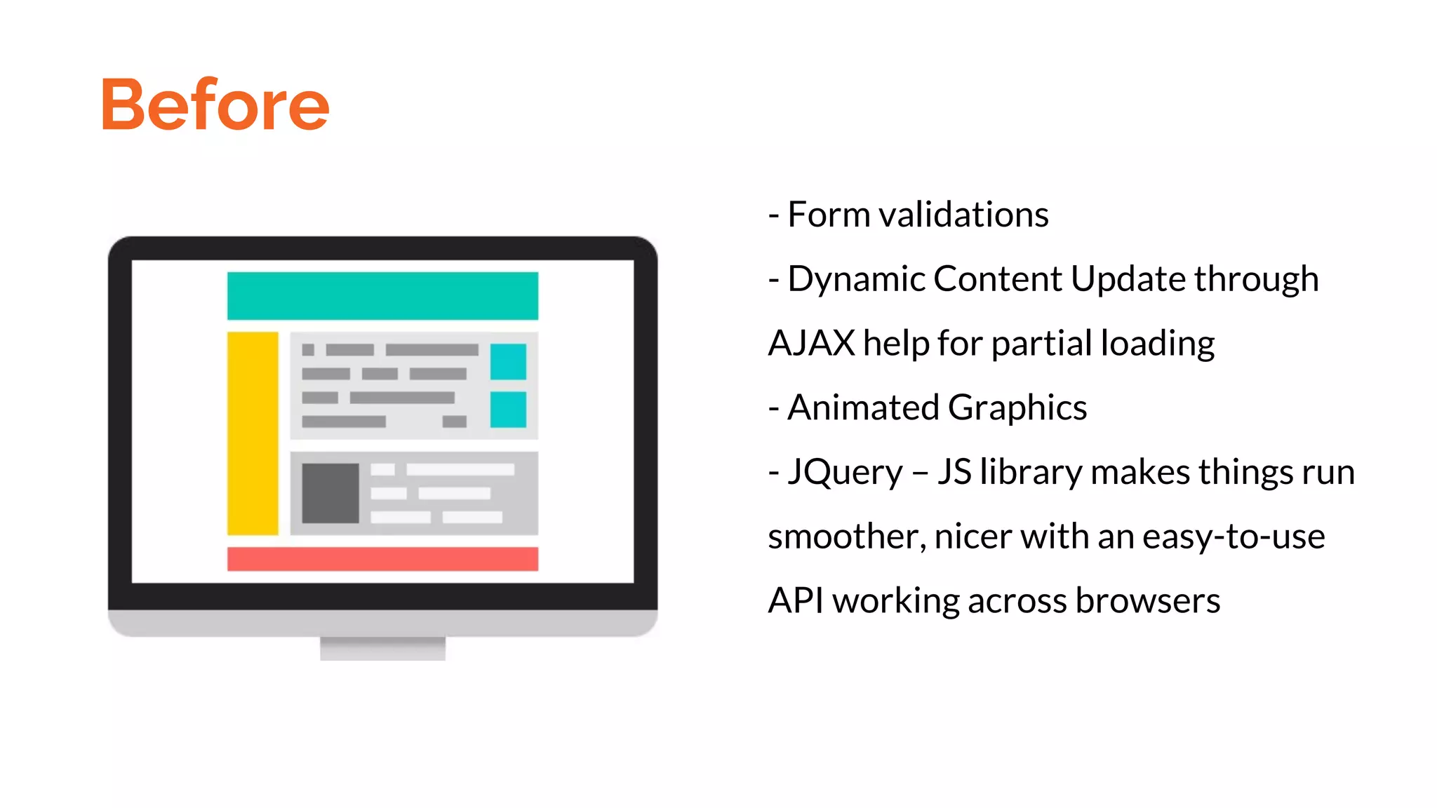 Before
- Form validations
- Dynamic Content Update through
AJAX help for partial loading
- Animated Graphics
- JQuery – JS library makes things run
smoother, nicer with an easy-to-use
API working across browsers
 