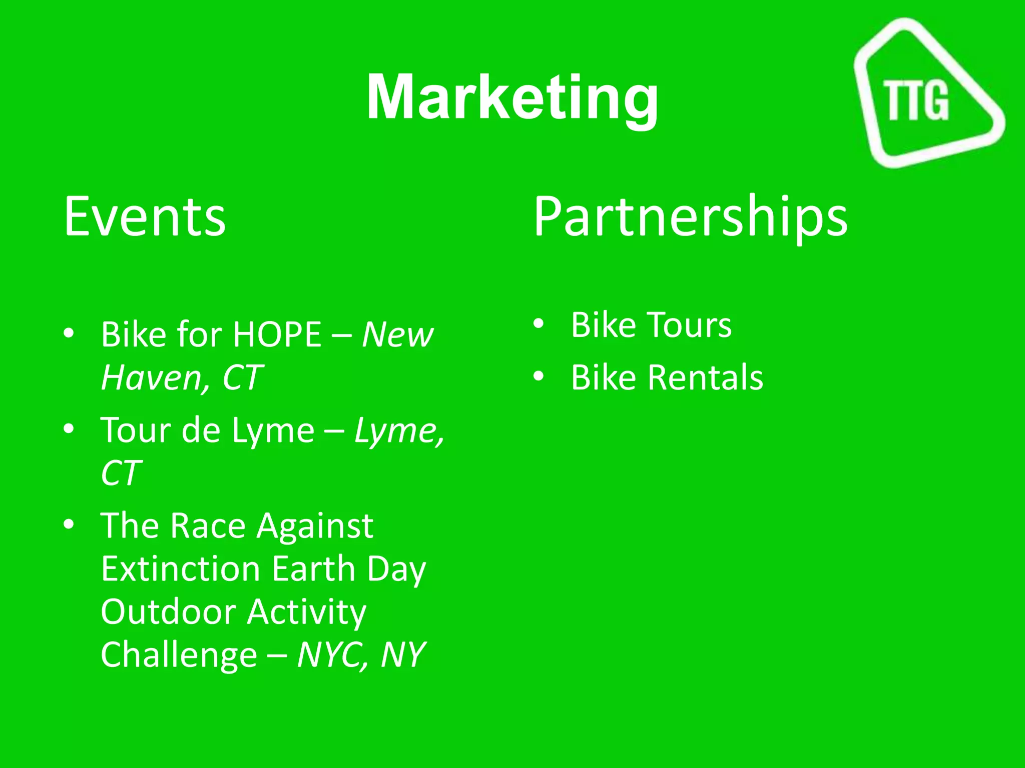 Marketing
Events
• Bike for HOPE – New
Haven, CT
• Tour de Lyme – Lyme,
CT
• The Race Against
Extinction Earth Day
Outdoor Activity
Challenge – NYC, NY
Partnerships
• Bike Tours
• Bike Rentals
 
