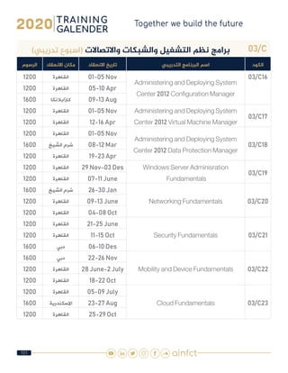 101
03/C)‫تدريبي‬ ‫(اسبوع‬ ‫واالتصاالت‬ ‫والشبكات‬ ‫التشغيل‬ ‫نظم‬ ‫برامج‬
‫الكود‬‫التدريبي‬ ‫البرنامج‬ ‫اسم‬‫االنعقاد‬ ‫تاريخ‬‫االنعقاد‬ ‫مكان‬‫الرسوم‬
03/C16
Administering and Deploying System
Center 2012 Configuration Manager
01-05 Nov‫القاهرة‬1200
05-10 Apr‫القاهرة‬1200
09-13 Aug‫كازابالنكا‬1600
03/C17
Administering and Deploying System
Center 2012 Virtual Machine Manager
01-05 Nov‫القاهرة‬1200
12-16 Apr‫القاهرة‬1200
03/C18
Administering and Deploying System
Center 2012 Data Protection Manager
01-05 Nov‫القاهرة‬1200
08-12 Mar‫الشيخ‬ ‫شرم‬1600
19-23 Apr‫القاهرة‬1200
03/C19
Windows Server Adminisration
Fundamentals
29 Nov-03 Des‫القاهرة‬1200
07-11 June‫القاهرة‬1200
03/C20Networking Fundamentals
26-30 Jan‫الشيخ‬ ‫شرم‬1600
09-13 June‫القاهرة‬1200
04-08 Oct‫القاهرة‬1200
03/C21Security Fundamentals
21-25 June‫القاهرة‬1200
11-15 Oct‫القاهرة‬1200
06-10 Des‫دبي‬1600
03/C22Mobility and Device Fundamentals
22-26 Nov‫دبي‬1600
28 June-2 July‫القاهرة‬1200
18-22 Oct‫القاهرة‬1200
03/C23Cloud Fundamentals
05-09 July‫القاهرة‬1200
23-27 Aug‫االسكندرية‬1600
25-29 Oct‫القاهرة‬1200
 