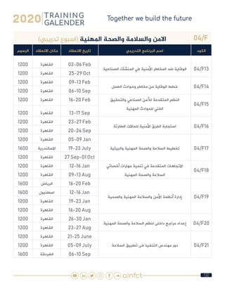 122
04/F)‫تدريبي‬ ‫(اسبوع‬ ‫املهنية‬ ‫والصحة‬ ‫والسالمة‬ ‫االمن‬
‫الكود‬‫التدريبي‬ ‫البرنامج‬ ‫اسم‬‫االنعقاد‬ ‫تاريخ‬‫االنعقاد‬ ‫مكان‬‫الرسوم‬
04/F13‫الصناعية‬ ‫المنشآت‬ ‫في‬ ‫األمنية‬ ‫المخاطر‬ ‫ضد‬ ‫الوقاية‬
02-06 Feb‫القاهرة‬1200
25-29 Oct‫القاهرة‬1200
04/F14‫العمل‬ ‫وحوادث‬ ‫مخاطر‬ ‫من‬ ‫الوقاية‬ ‫خطط‬
09-13 Feb‫القاهرة‬1200
06-10 Sep‫القاهرة‬1200
04/F15
‫والتحقيق‬ ‫الصناعي‬ ‫لألمن‬ ‫المتقدمة‬ ‫النظم‬
‫المهنية‬ ‫للحوادث‬ ‫الفني‬
16-20 Feb‫القاهرة‬1200
13-17 Sep‫القاهرة‬1200
04/F16‫الطارئة‬ ‫للحاالت‬ ‫األمنية‬ ‫الفرق‬ ‫استجابة‬
23-27 Feb‫القاهرة‬1200
20-24 Sep‫القاهرة‬1200
04/F17‫والبيئية‬ ‫المهنية‬ ‫والصحة‬ ‫السالمة‬ ‫تخطيط‬
05-09 Jan‫القاهرة‬1200
19-23 July‫االسكندرية‬1600
27 Sep-01 Oct‫القاهرة‬1200
04/F18
‫أخصائي‬ ‫مهارات‬ ‫تنمية‬ ‫في‬ ‫المتقدمة‬ ‫االتجاهات‬
‫المهنية‬ ‫والصحة‬ ‫السالمة‬
12-16 Jan‫القاهرة‬1200
09-13 Aug‫القاهرة‬1200
04/F19‫والصحية‬ ‫المهنية‬ ‫والسالمة‬ ‫األمن‬ ‫أنظمة‬ ‫إدارة‬
16-20 Feb‫الرياض‬1600
12-16 Jan‫اسطنبول‬1600
19-23 Jan‫القاهرة‬1200
16-20 Aug‫القاهرة‬1200
04/F20‫المهنية‬ ‫والصحة‬ ‫السالمة‬ ‫لنظم‬ ‫داخلى‬ ‫مراجع‬ ‫إعداد‬
26-30 Jan‫القاهرة‬1200
23-27 Aug‫القاهرة‬1200
04/F21‫السالمة‬ ‫تطبيق‬ ‫فى‬ ‫التنفيذ‬ ‫مهندس‬ ‫دور‬
21-25 June‫القاهرة‬1200
05-09 July‫القاهرة‬1200
06-10 Sep‫الغردقة‬1600
 