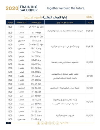 25
01/C)‫تدريبي‬ ‫(اسبوع‬ ‫البشرية‬ ‫املوارد‬ ‫إدارة‬
‫الكود‬‫التدريبي‬ ‫البرنامج‬ ‫اسم‬‫االنعقاد‬ ‫تاريخ‬‫االنعقاد‬ ‫مكان‬‫الرسوم‬
01/C07‫والتوظيف‬ ‫والمقابلة‬ ‫لالختيار‬ ‫المتقدمة‬ ‫المهارات‬
29 Nov-03 Des‫القاهرة‬1200
15-19 Mar‫القاهرة‬1200
27 Sep-01 Oct‫بيروت‬1600
01/C09‫البشرية‬ ‫الموارد‬ ‫مجال‬ ‫في‬ ‫األعمال‬ ‫إدارة‬
12-16 Jan‫اسطنبول‬1600
29 Mar-02 Apr‫القاهرة‬1200
19-23 July‫االسكندرية‬1600
13-17 Des‫القاهرة‬1200
01/C10‫العاملة‬ ‫للقوى‬ ‫االستراتيجي‬ ‫التخطيط‬
16-20 Feb‫الرياض‬1600
05-10 Apr‫القاهرة‬1200
06-10 Sep‫الغردقة‬1600
20-24 Des‫القاهرة‬1200
01/C11
‫المواهب‬ ‫وإدارة‬ ‫العاملة‬ ‫القوى‬ ‫تطوير‬
‫الوظيفي‬ ‫التعاقب‬ ‫خطط‬ ‫واعداد‬
08-12 Nov‫تونس‬1600
12-16 Apr‫القاهرة‬1200
27-31 Des‫القاهرة‬1200
01/C12‫الموظفين‬ ‫وإدارة‬ ‫البشرية‬ ‫الموارد‬ ‫تنمية‬
05-09 Jan‫القاهرة‬1200
05-10 Apr‫اسطنبول‬1600
19-23 Apr‫القاهرة‬1200
01/C13
‫الموارد‬ ‫إلدارة‬ ‫متكامل‬ ‫نظام‬ ‫إنشاء‬
‫العربيــة‬ ‫المؤسسات‬ ‫في‬ ‫البشرية‬
22-26 Nov‫دبي‬1600
12-16 Jan‫القاهرة‬1200
22-26 Mar‫بيروت‬1600
07-11 June‫القاهرة‬1200
01/C14‫البشرية‬ ‫الموارد‬ ‫إدارة‬ ‫فن‬
19-23 Jan‫القاهرة‬1200
09-13 June‫القاهرة‬1200
23-27 Aug‫االسكندرية‬1600
 